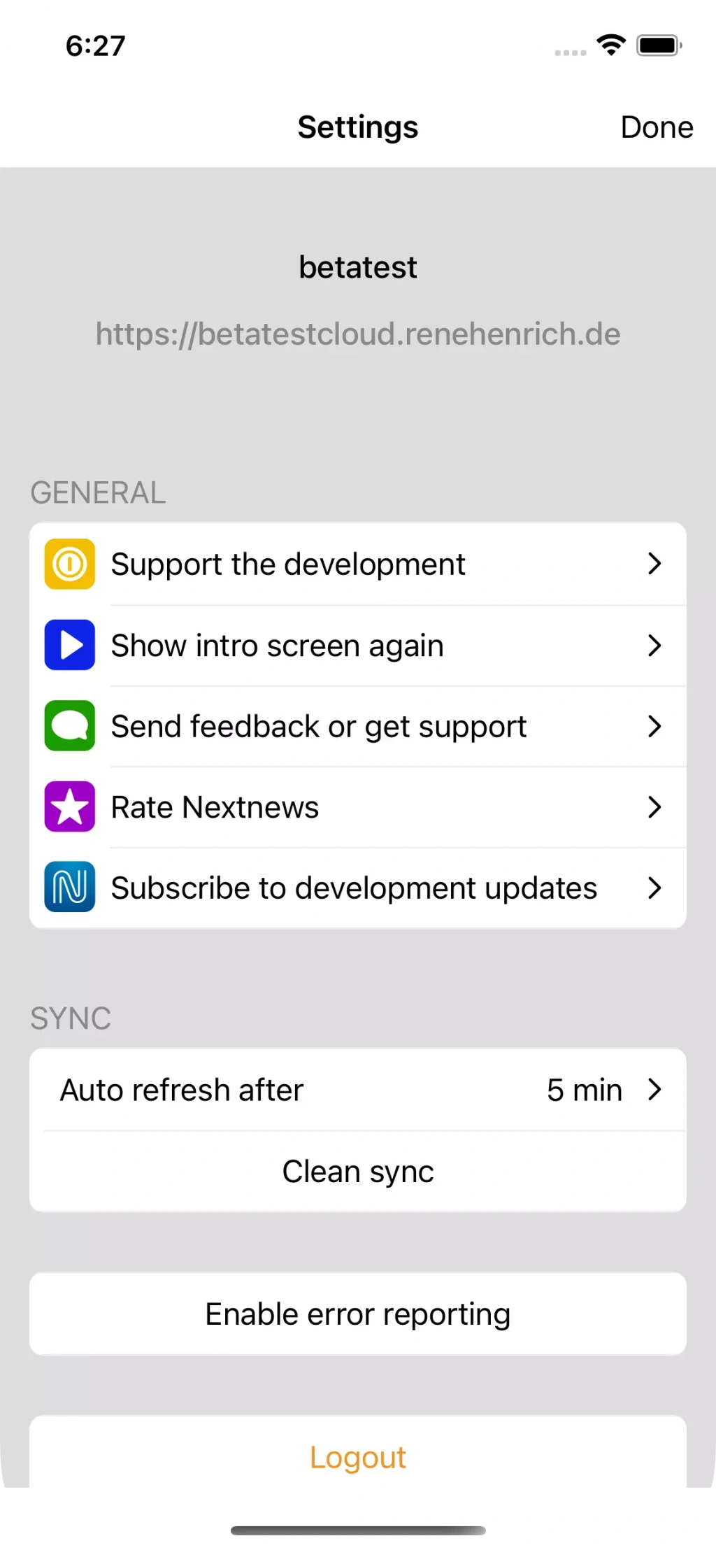 Nextnews settings screen with update and auto-refresh options