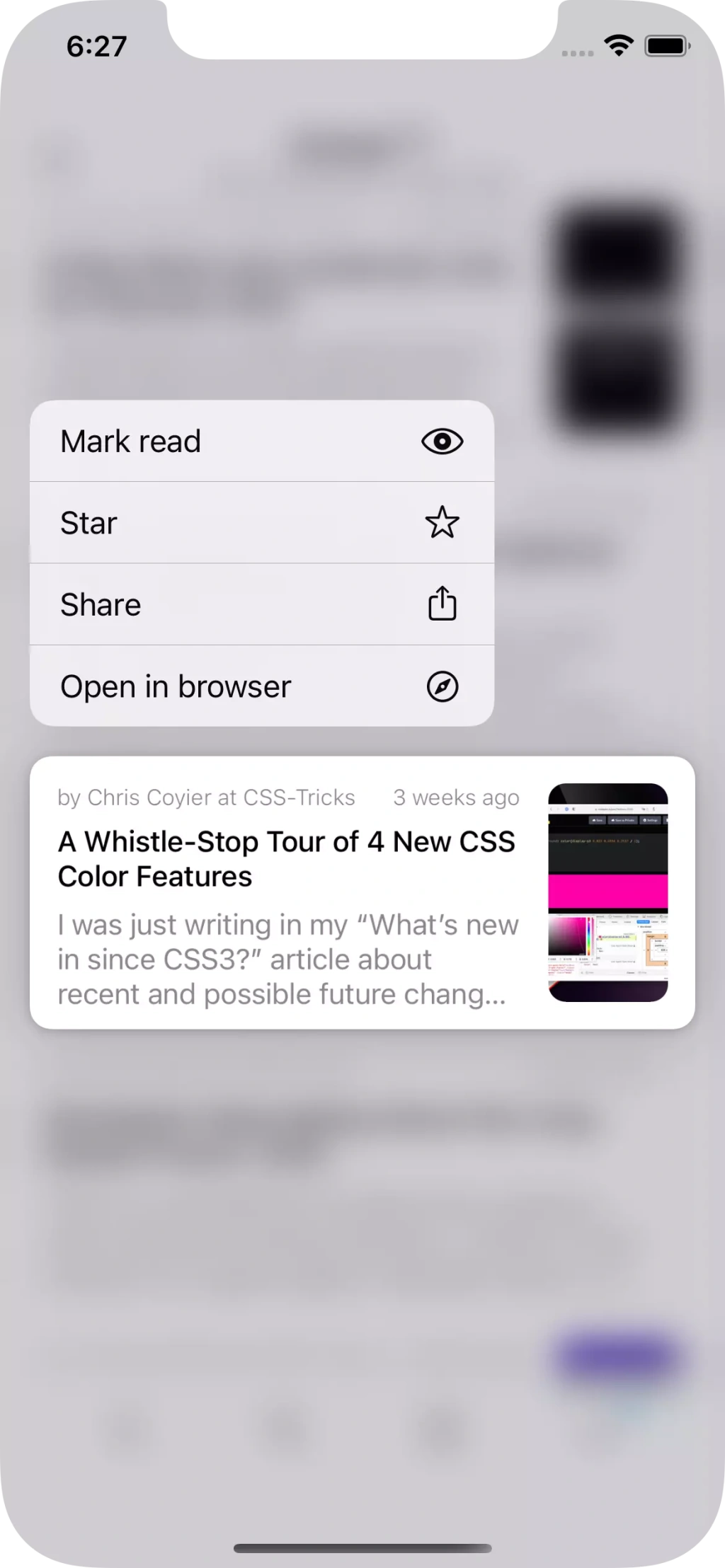 Nextnews article list with the press-and-hold quick actions menu open