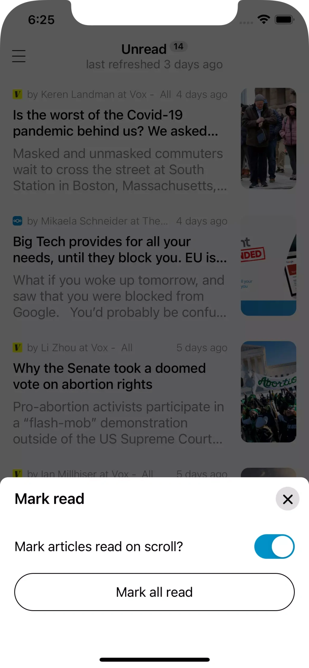 Nextnews on iPhone with the mark-as-read checkmark highlighted
